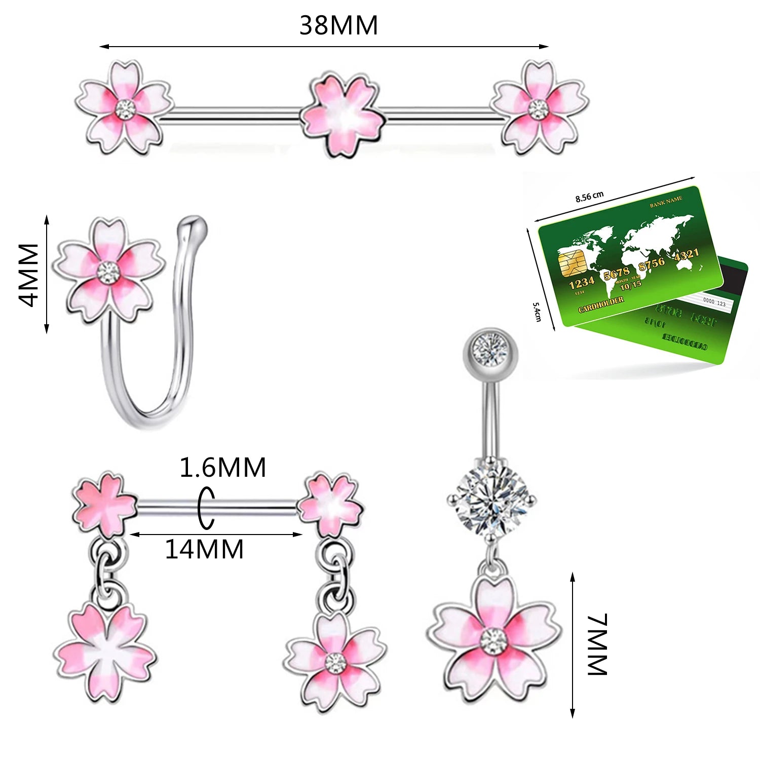 Dospita 1PC Pink Flower Belly Button Rings For Women Nipple Ring Zircon Drop Dangle Body Jewelry Piercing Beach Belly Nose Rings Earring