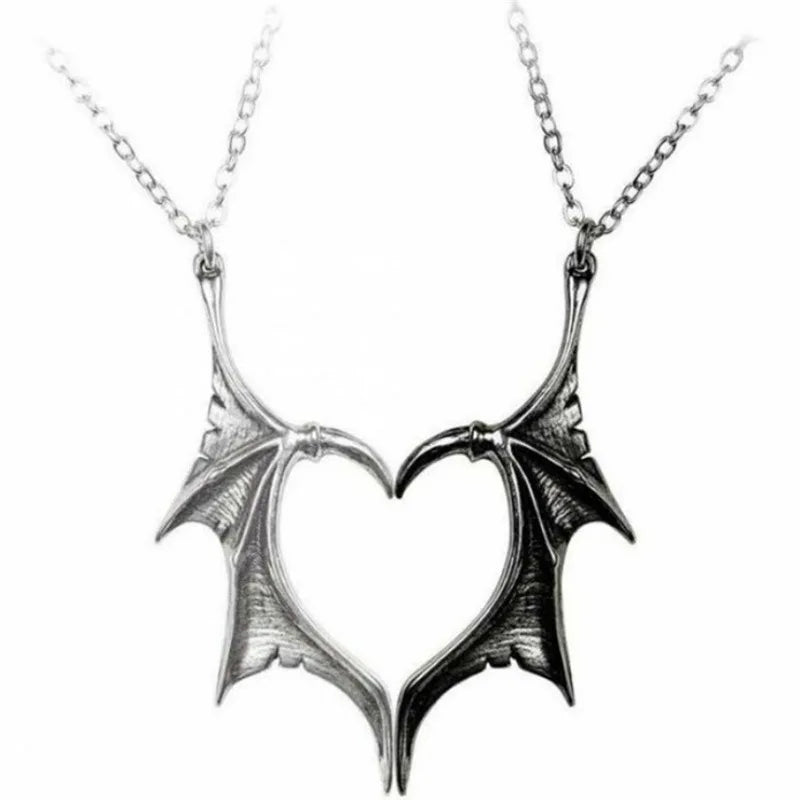 Dospita Gothic Devil Wings Pendant Necklaces for Women Men Retro Animal Bat Heart BFF Best Friend Couple Necklace Punk Hiphop Jewelry