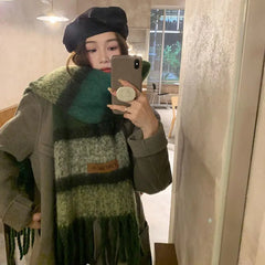 Dospita Retro Imitation Cashmere Scarf Winter Women Fashion Green Mohair Striped Scarves Korean Classic Thicken Warm Soft Shawl