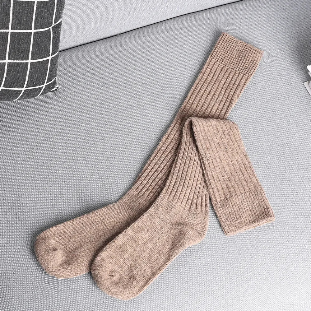 Dospita  -  Soft Wool Long Socks Women Autumn Winter Cashmere Solid Knitted Stocking Skinny Casual Knee High Fluffy Warm Thicken Girls Socks