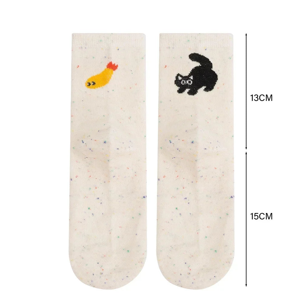 Dospita  -  1/2pairs New Autumn Vintage Dot Women Cat Fish Socks Cute Cartoon Cat Fish Pattern Middle Tube Socks Soft Thermal Warm Crew Sock