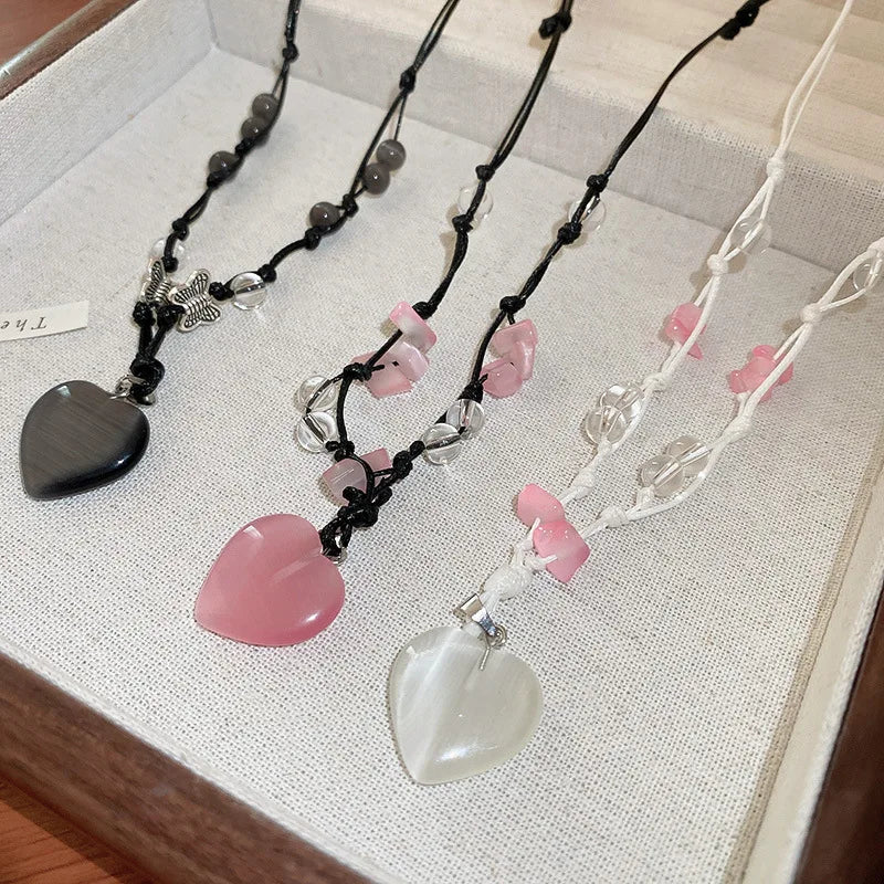 Dospita Y2K Fashion Pink Stone Butterfly Heart Pendant Necklace Pink Crystal Egirl Sweet Cool Chain Aesthetic Jewelry Accessories