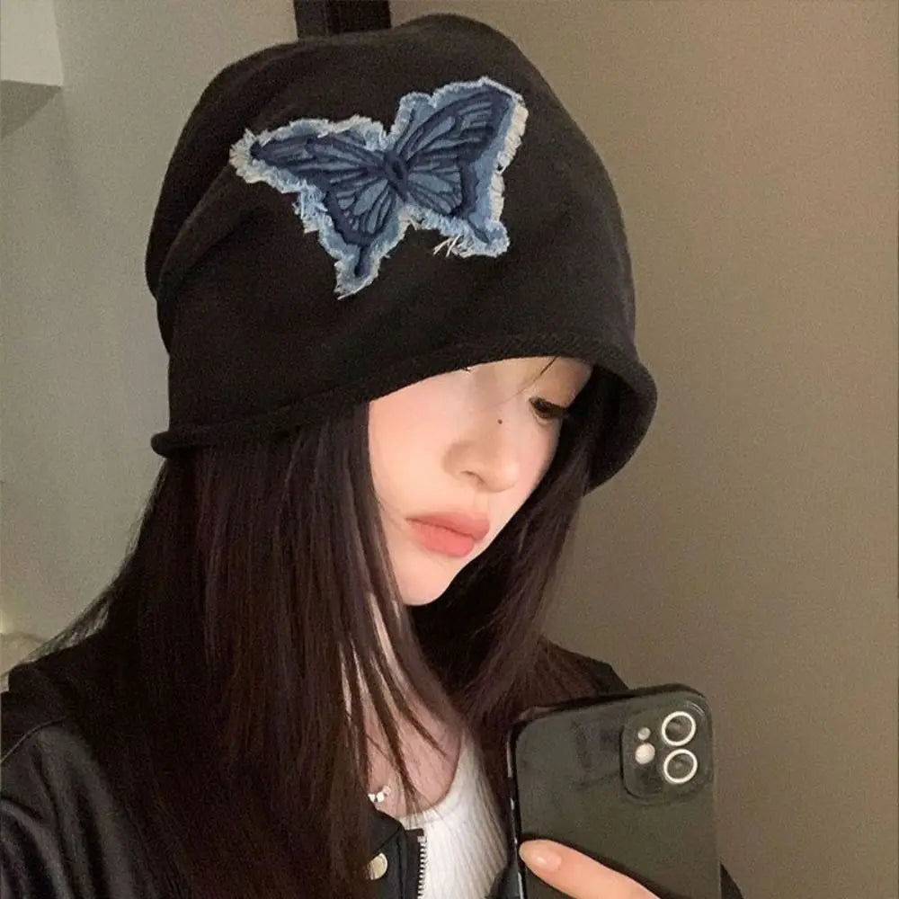 Dospita Fashion Y2k Butterfly Beanies Patch Korean Style Retro Skullies Pile Cap Rolled Edge Pullover Hat Outdoor