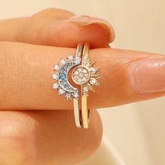 Dospita 2024 New Celestial Blue Sparkling Moon Sun Star Crystal Ring for Women Fashion Elegant Stackable Finger Band Party Jewelry Gifts