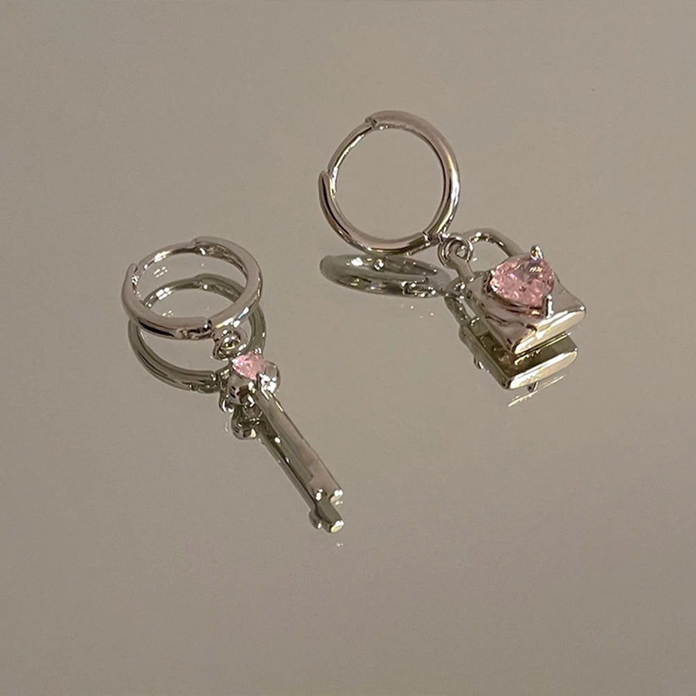 Dospita Heart Pink Crystal Lock Key Asymmetrical Earrings Personalized Unique Creative Design Hoop Drop Earrings Y2K Jewelry