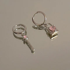 Dospita Heart Pink Crystal Lock Key Asymmetrical Earrings Personalized Unique Creative Design Hoop Drop Earrings Y2K Jewelry