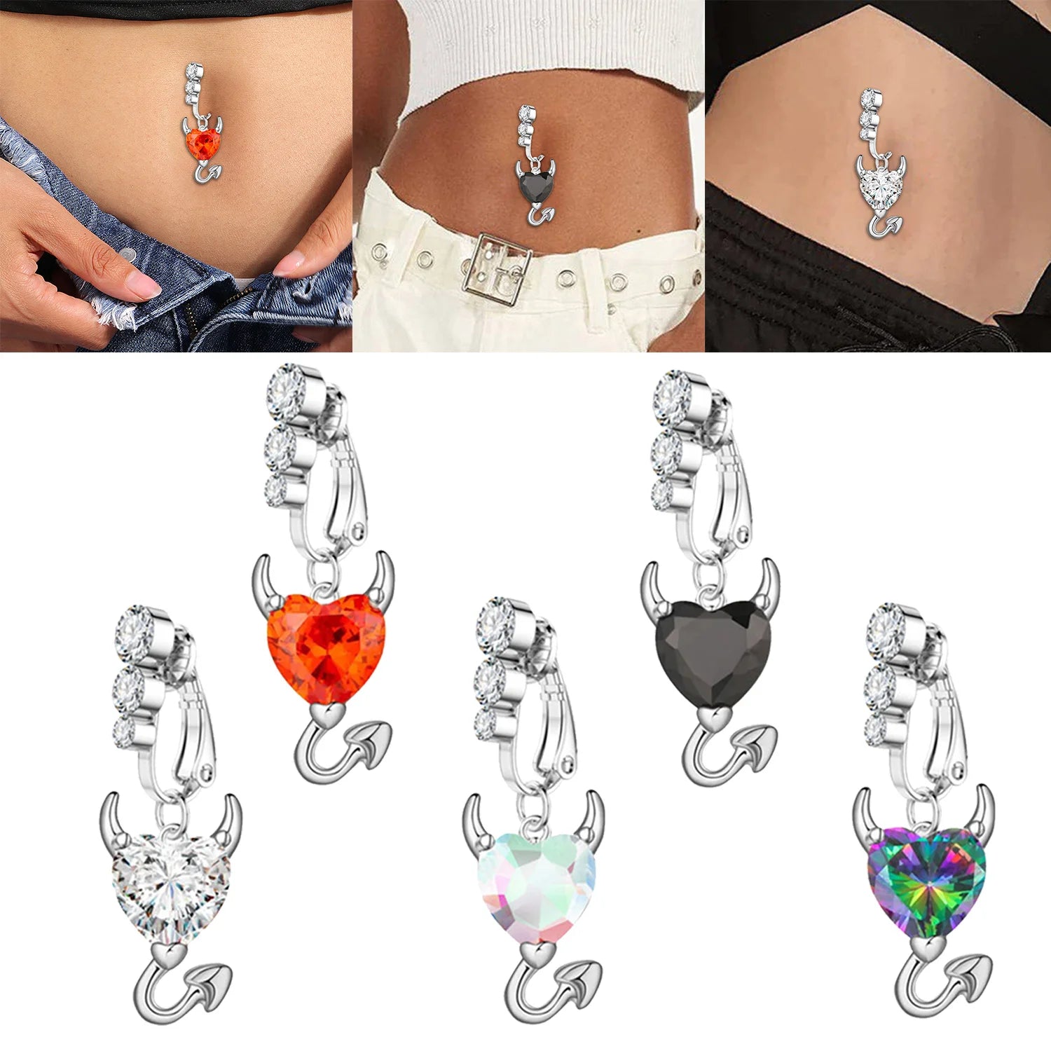 Dospita Heart Shape Clip on Belly Ring Without Puncture Devil Ear Umbilical Navel Belly Button Cartilage Clip On Body Jewelry Earrings