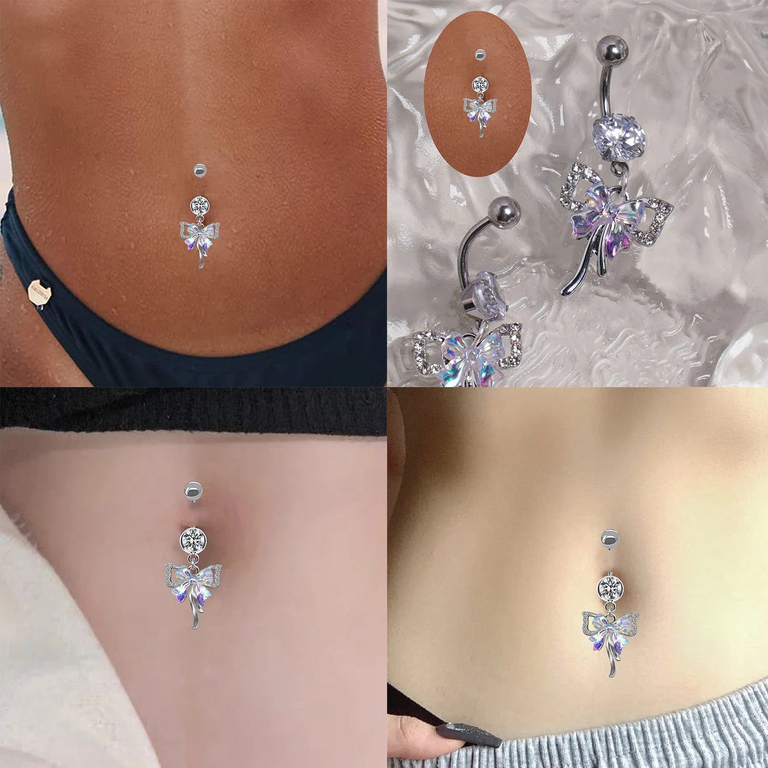 Dospita Crystal Barbell Double Layer Bow Dangle Navel Belly Piercings Jewelry Dangle Bowknot Navel Ring Rhinestone Body Piercing Jewelry