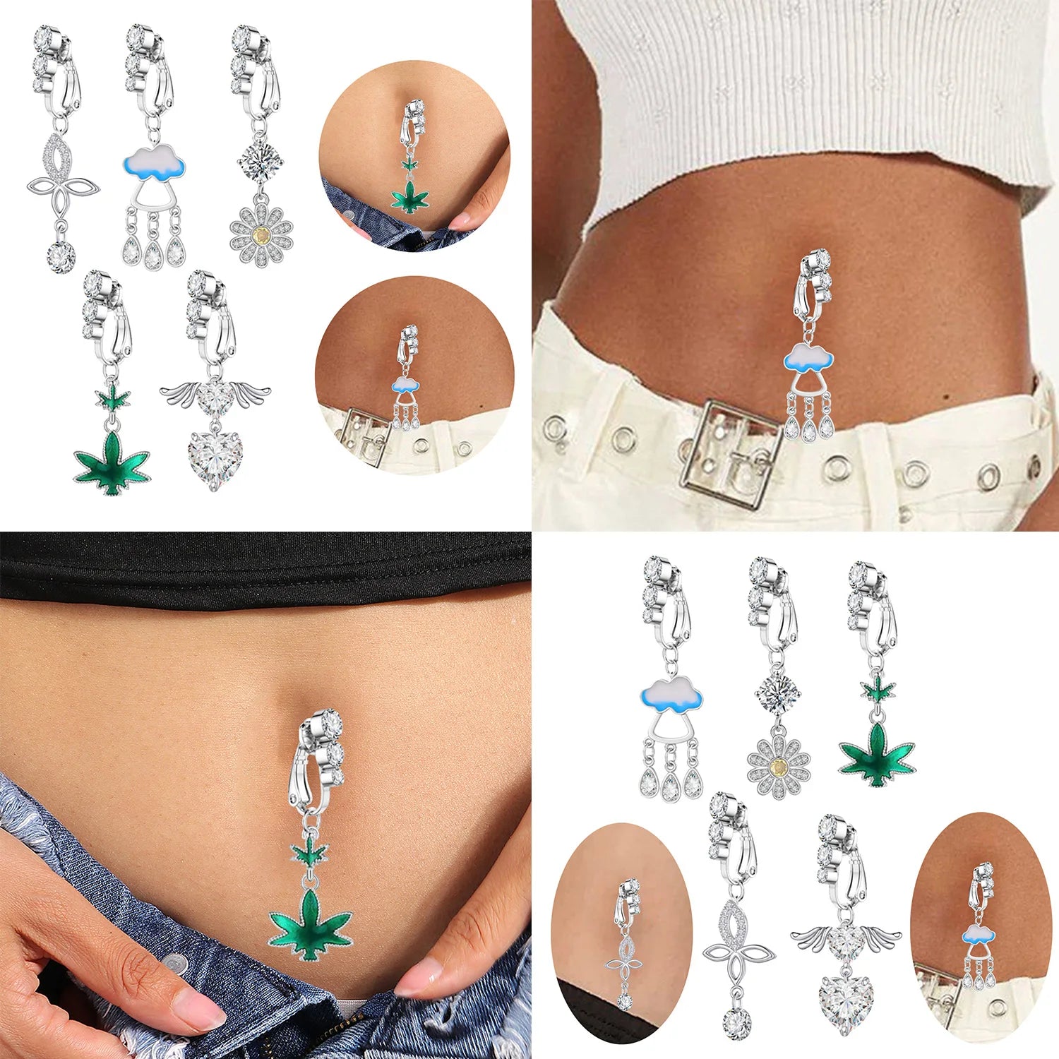 Dospita Stainless Steel Fake Belly Ring Flowers Long Fake Belly Piercing Clip Umbilical Navel Belly Non Piercing Body Jewelry