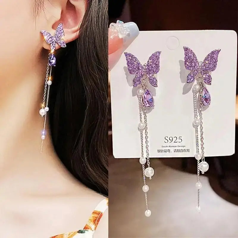 Dospita  -   Needle Purple Butterfly Long Tassel Earrings For Women Jewelry Trending Korean Fashion Luxury Crystal Earrings