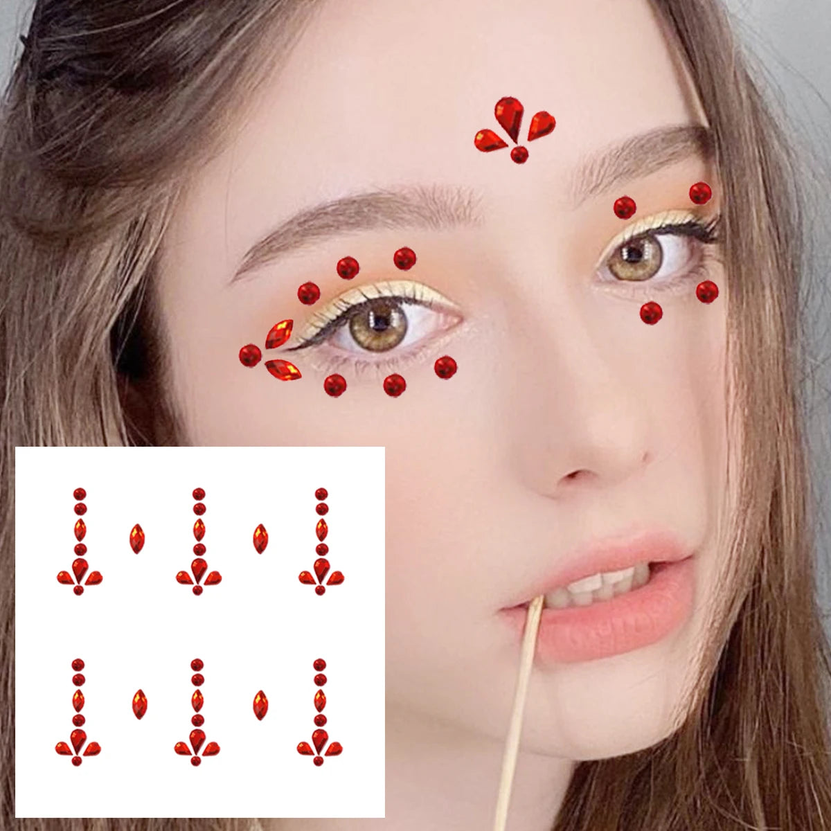 Dospita  -  Red Heart Face Jewelry Temporary Tattoos Eye Forehead Diamonds Jewels Makeup Sticker Sparkle Water Drop Gems Nail Art Festival