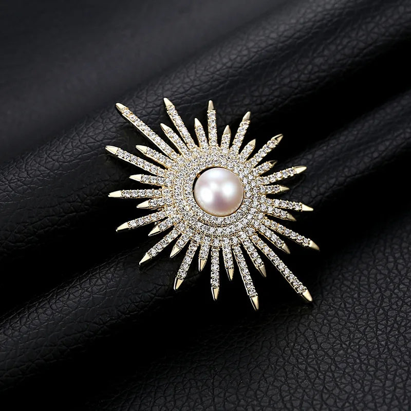 Dospita Korean Luxury Full of Rhinestone Sun flower Brooches For Women Big Pearl Brooch Pins Jewelry Accessories For Clothing Suit