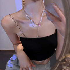 Dospita Pink Heart Rhinestone Pearl Choker Necklace For Women Girl Korea Fashion Aesthetic Grunge Y2K Pendant Clavicle Chain Jewelry