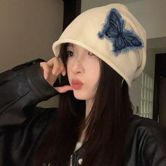 Dospita Fashion Y2k Butterfly Beanies Patch Korean Style Retro Skullies Pile Cap Rolled Edge Pullover Hat Outdoor