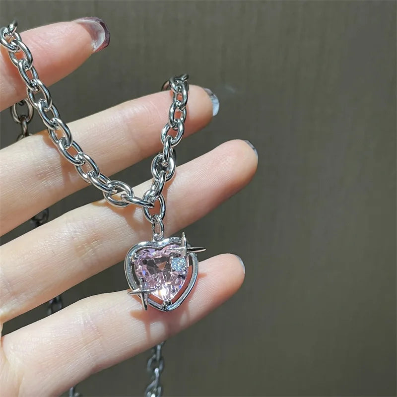 Dospita  -  Y2K Accessories Fashion Peach Heart Water Drop Pendant Necklace Pink Crystal Egirl Sweet Cool Clavicle Chain Aesthetic Jewelry