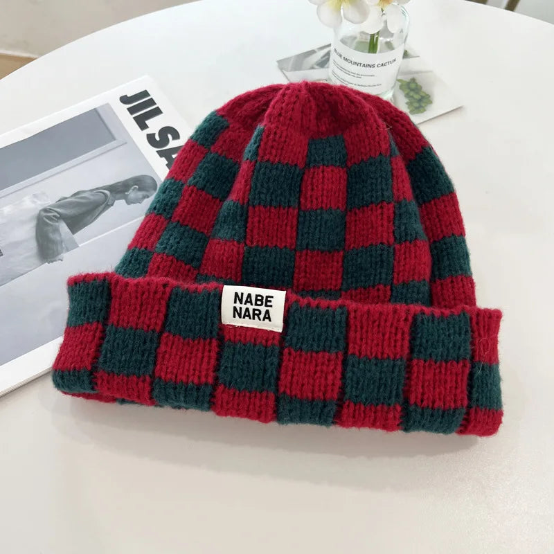 Dospita  -  Fashion Plaid Knitted Beanies for Women Winter Pullover Hat Red Green Color Checkerboard Skull Hat Street Casual Beanie Gorras