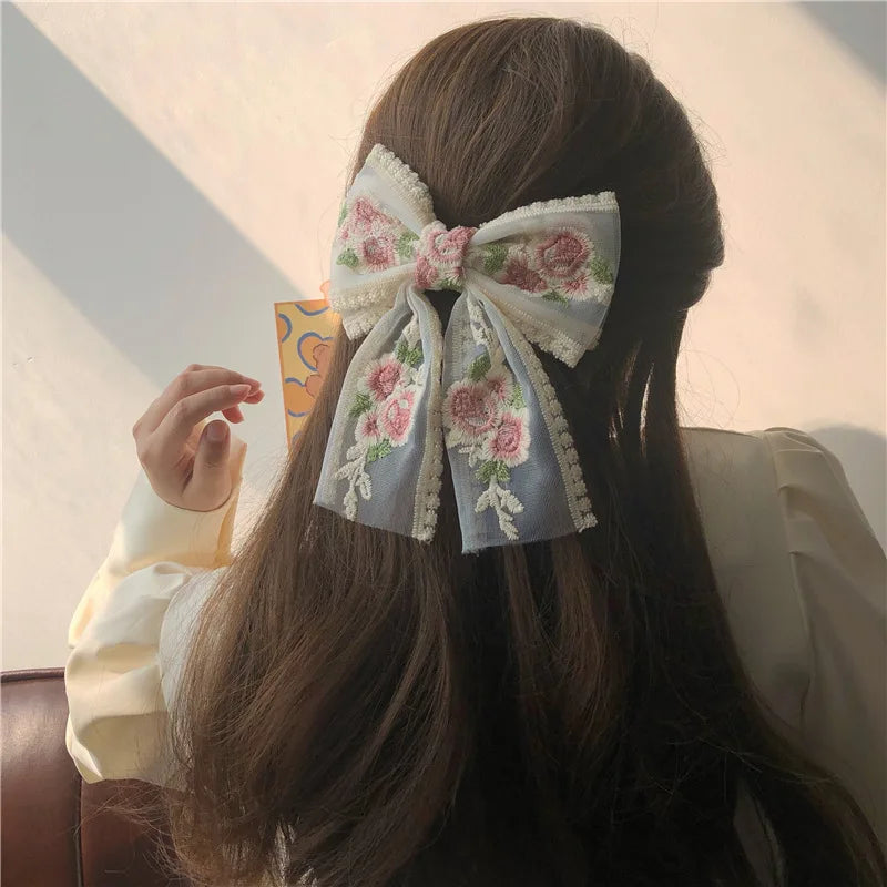 Dospita Embroidery Hair Bows Lace Big Bows Hairclip Women Elegant Spring Clip Spring Summer Hair Accessories Women Barrettes