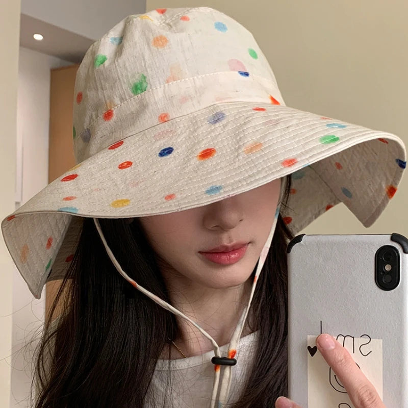 Dospita Big Brim Dot Fisherman Hat Women New Summer Beach Sun Hat Beach Temperament Lady Sun Hat