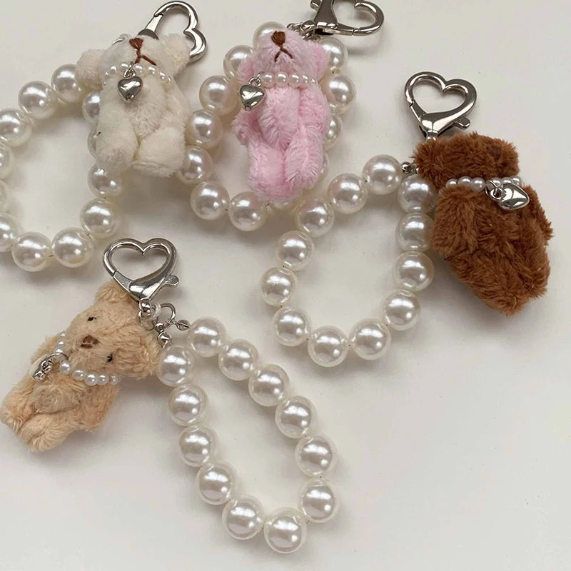 Dospita  -  Plush Teddy Bear Pearl Bracelets Cell Phone Chain Cute Doll Bag Charms Keychain Pendant Girl Heart Hanging Ornament