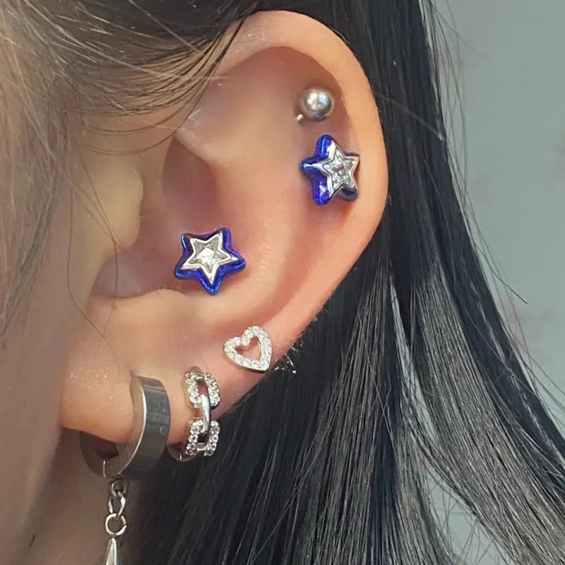 Dospita 2PCS Blue Crystal Star Mini Stud Earrings for Women Girl Cool Sweet Aesthetic Pentagram Earrings Fashion Y2k Trendy Jewelry Gift