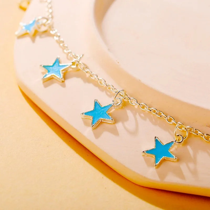 Dospita 1Pcs Luminous Ladies Beach Wind Blue Five-pointed Star Tassel Anklet Luminous Star Bracelet Foot Jewelry for Women Boho Jewelry