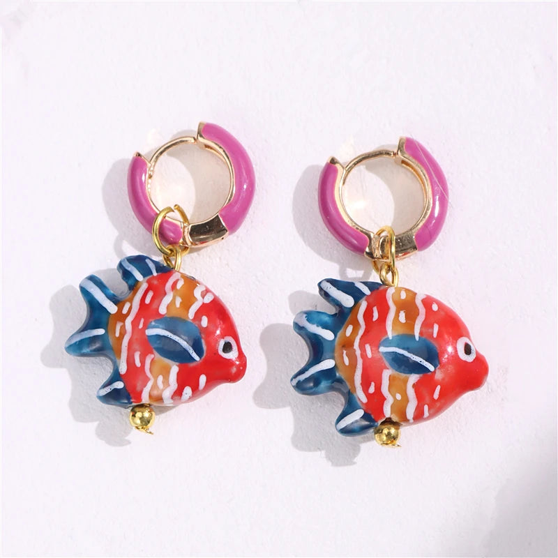 Dospita  -  Colorful Enamel Hoop Earrings for Women Girls Glazed Fish Cute Handmade Chic Ancessories Summer Beach Trend Jewelry New