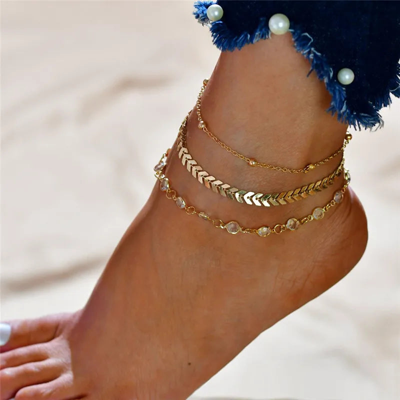 Dospita Luxury Rhinestone Anklet for Women Silver Color Heart Foot Chain Beach Party Ankle Accessories Bracelets Couple Gifts