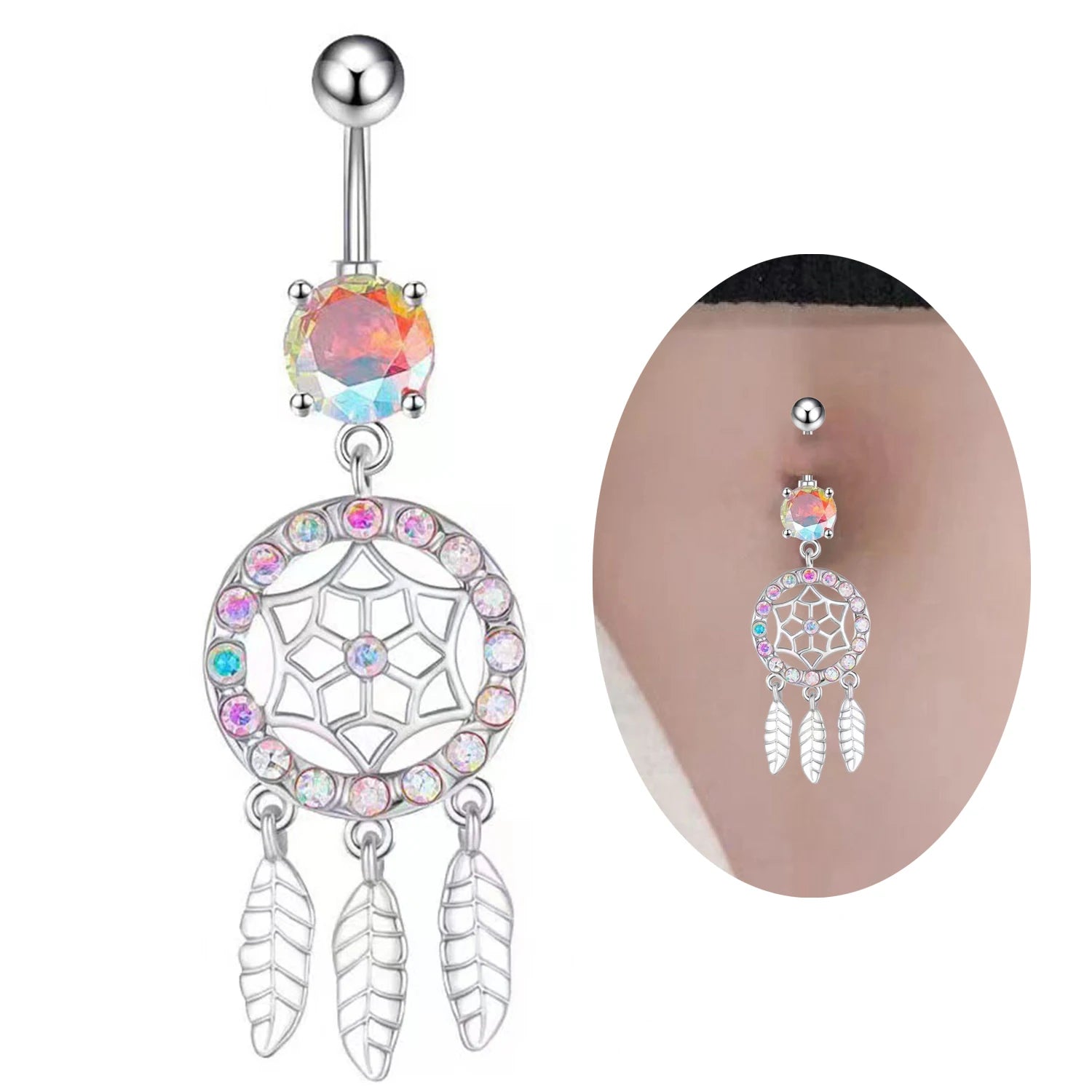 Dospita 1pcs Trendy Long Tassel Belly Button Ring With Rhinestone Round Pendant Surgical Steel Navel Piercing Bell Stud Body Jewelry