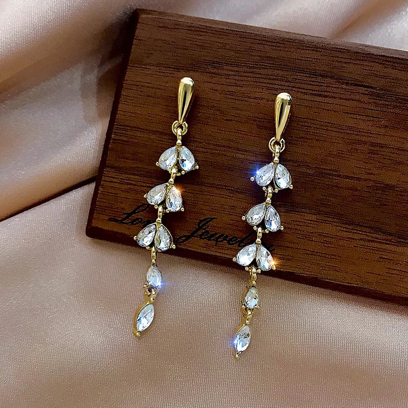 Dospita  -  Korean Long Tassel Pearl Dangle Earrings for Women Luxury Full Rhinestone Gold Color Drop Earrings Wedding Party Jewelry Gift