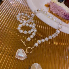 Dospita Korean Fashion Pearl Heart Pendant Necklace Ladies Gold Plated Bead Choker Necklace Female Boho Kawaii Y2K Jewelry Gift