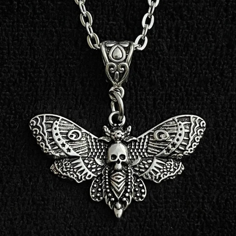 Dospita  New Death Moth Necklace Pendant 18inch Chain Sugar Skull Gothic Butterfly Rock Emo Goth Silver Color 18inch Strong Chain