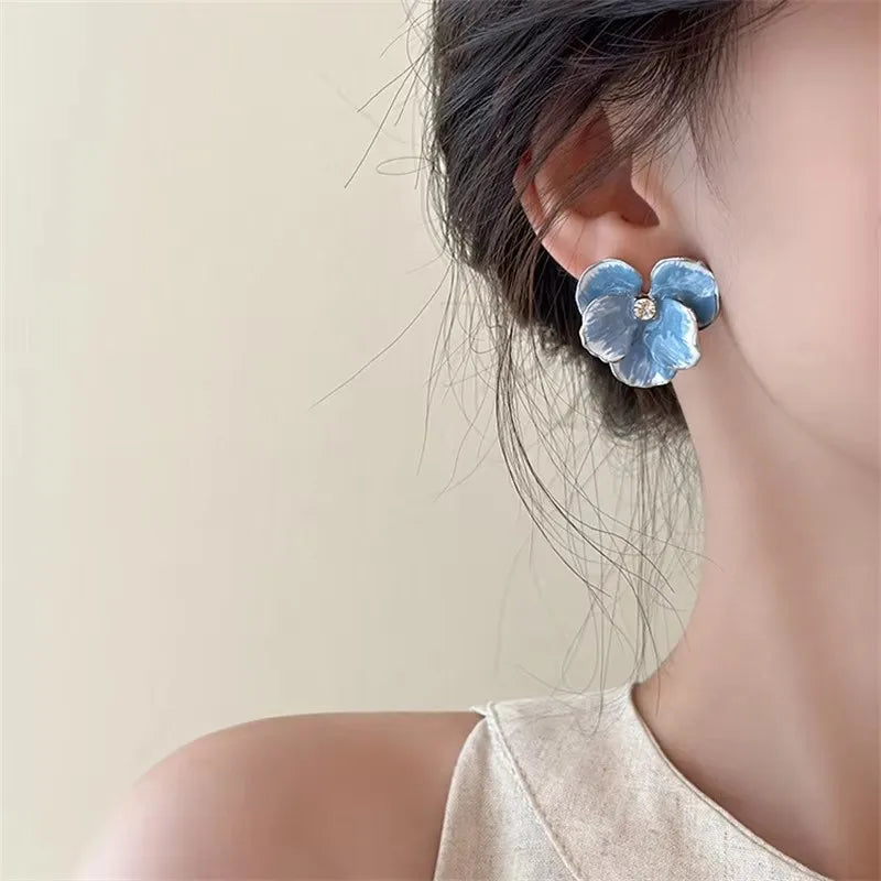 Dospita  -  Summer Autumn Light Luxury Elegant Blue Flower Stud Earrings for Women Fashion Rhinestone Sweet Metal Wedding Party Jewelry