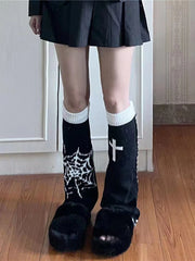 Dospita 1 pair of Y2K wide leg socks knitted warm high leg socks asymmetric gothic cross Spider web socks JK style