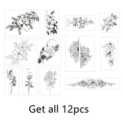 Dospita  -  12pcs Plain Flower Tattoo Stickers Waterproof Female Long-lasting Dark Black Clavicle Sexy Arm Tattoo Large Pattern Temp