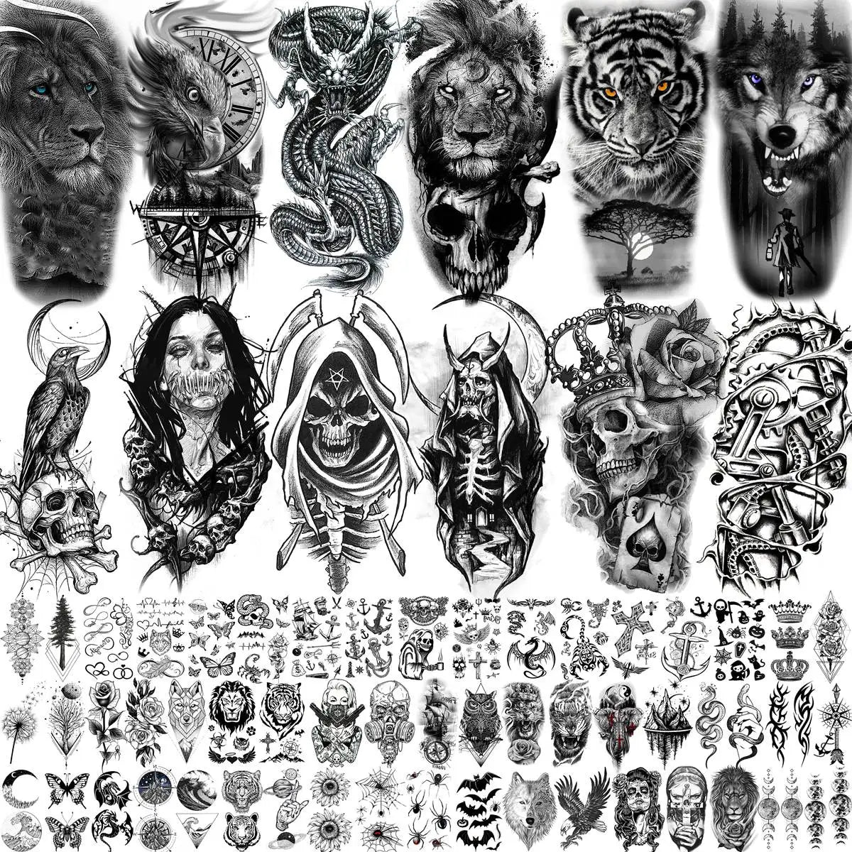 Dospita  -  66 Sheets Black Dragon Temporary Tattoos For Adults Men Arm Thigh Tattoos Fake Tiger Lion Devil Skull Tatoos Body Art Painting