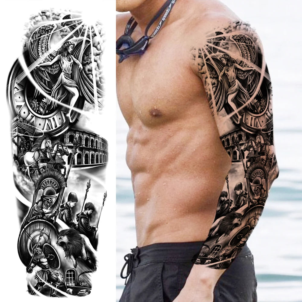 Dospita  -  Black Forest Wolf Temporary Tattoos Sleeve For Men Women Fake Soldier Compass Eye Tattoo Sticker Full Arm Washable Tatoos Sets