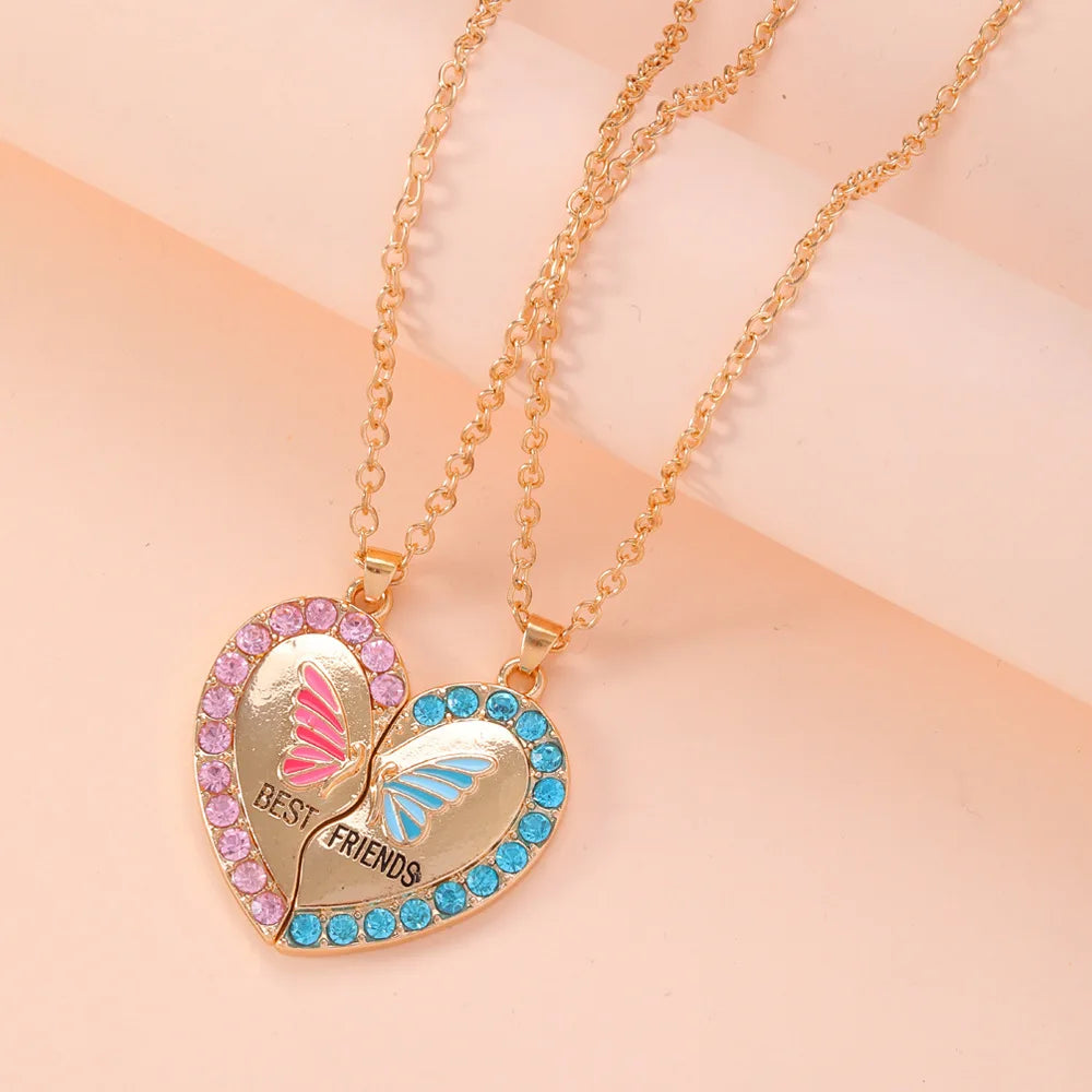 Dospita 2pcs/set Fashion Butterfly Heart Pendant Necklaces for Women Girls Rhinestone BFF Friendship Best Friends Necklace Jewelry Gifts