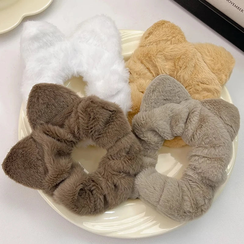 Dospita  -  Winter Warm Soft Hair Scrunchies for Women Girls Cute Plush Elastic Hair Band Rabbit Ears Rubber Band Hair Loop Accessories