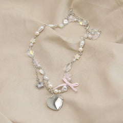 Dospita Romantic Cute Bow Heart For Women Beaded New Style Suitable For Parties Sweet Design Advanced Clavicle Necklace