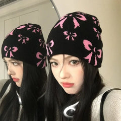 Dospita Street Graffiti Printed Baotou Cold Hat Blackpink Y2K Bow Retro Korean Knitted Hat Women Autumn and Winter Casual Versatile