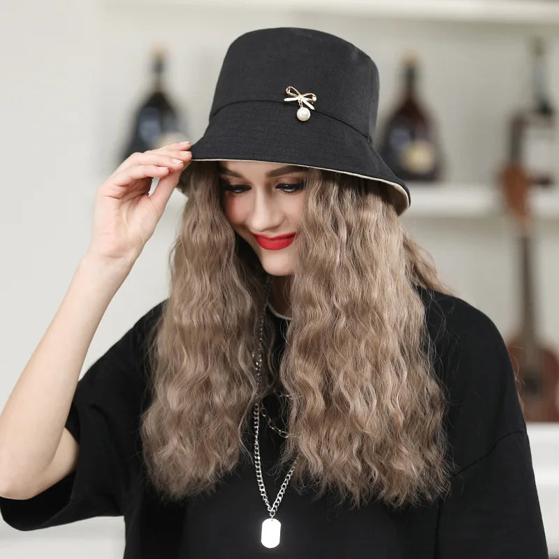 Dospita Y2k Long Curly Wig Fisherman Hat Women One-piece Wigs Hat Designer Wig Bucket Hats Chic Luxury Wig Bonnets Natural Wig Bonnet