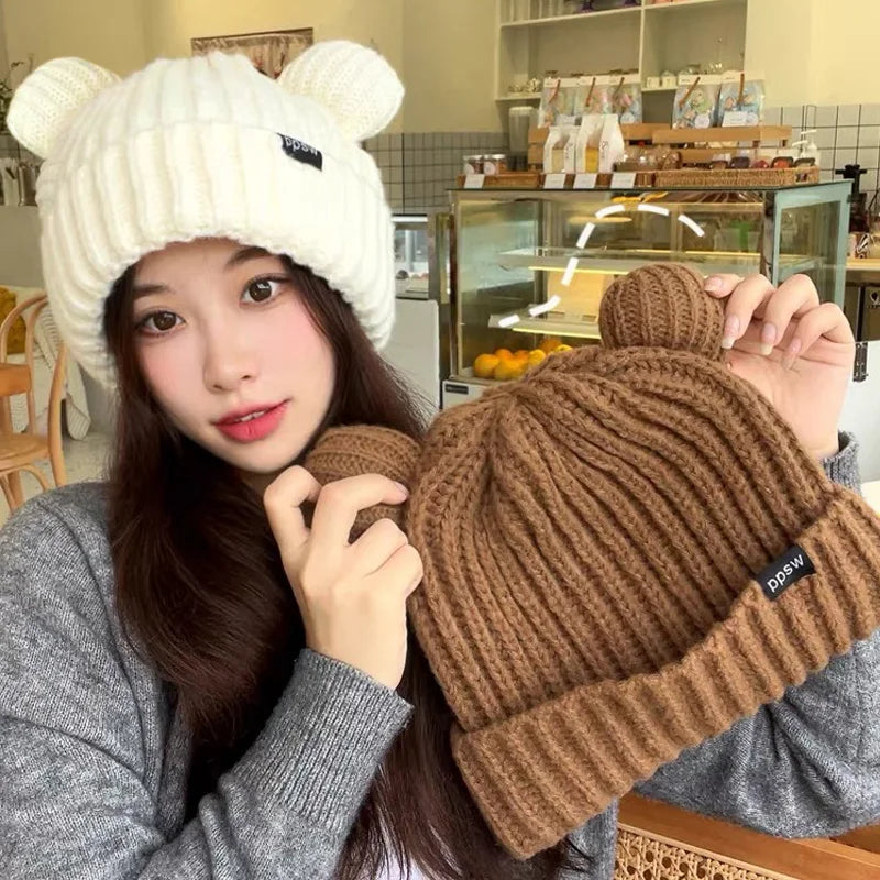 Dospita  -  Cute Bear Ear Knitted Wool Hat Women Fashion Hooded Thick Beanies Cap Winter Warm Woolen Hats Designer Kpop Personality Bonnet