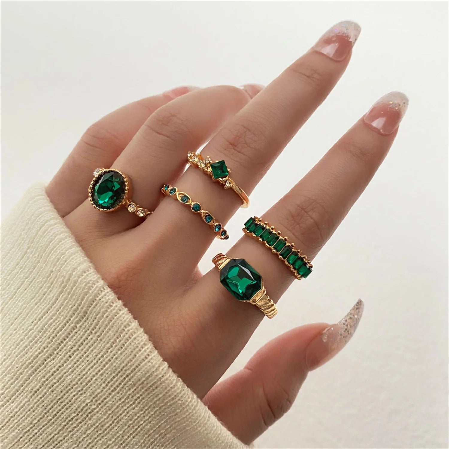 Dospita Green Rhinestones Ring Set Geometric Imitation Crystal Bohemian Rings for Women Vintage Jewelry Wedding Party Accessories Gifts