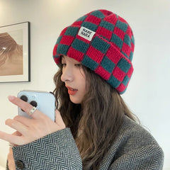 Dospita  -  Fashion Plaid Knitted Beanies for Women Winter Pullover Hat Red Green Color Checkerboard Skull Hat Street Casual Beanie Gorras