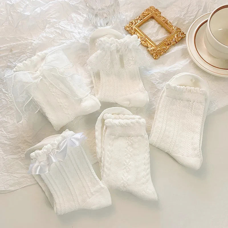 Dospita 5 Pairs Lolita Socks White Bow Lace Socks Middle Tube Japanese College Style Princess Socks Sweet JK Streetwear Hosiery