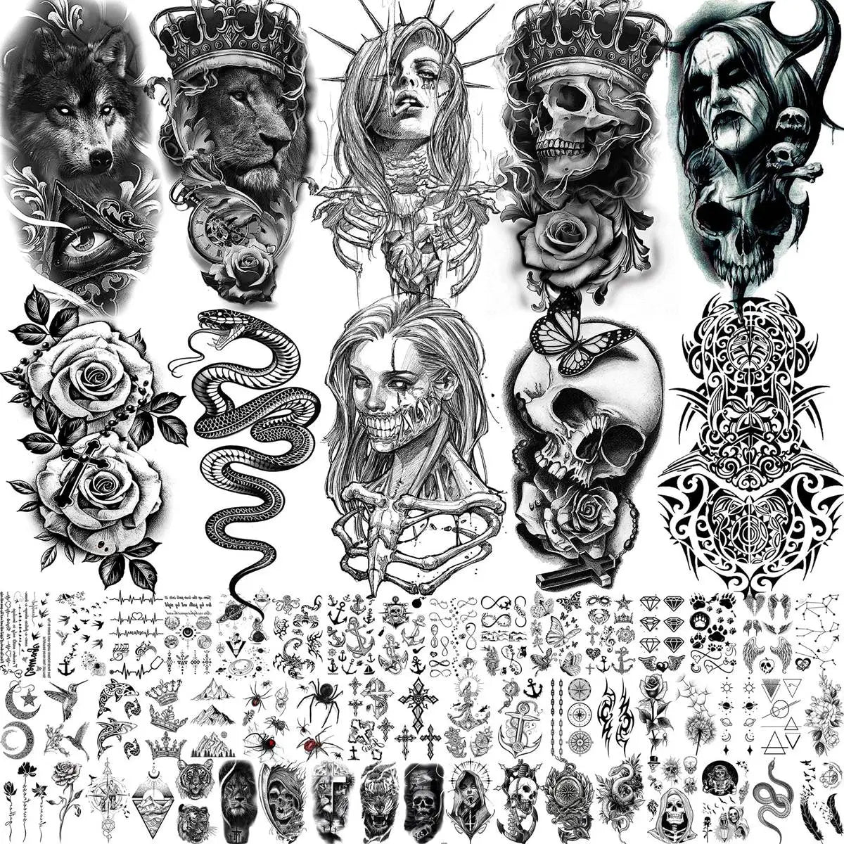 Dospita  -  62 Sheets Black Scary Skull Vampire Temporary Tattoos For Men Women Neck Arm Tattoo Sticker Fake Snake Flower Compass Tatoos 3D