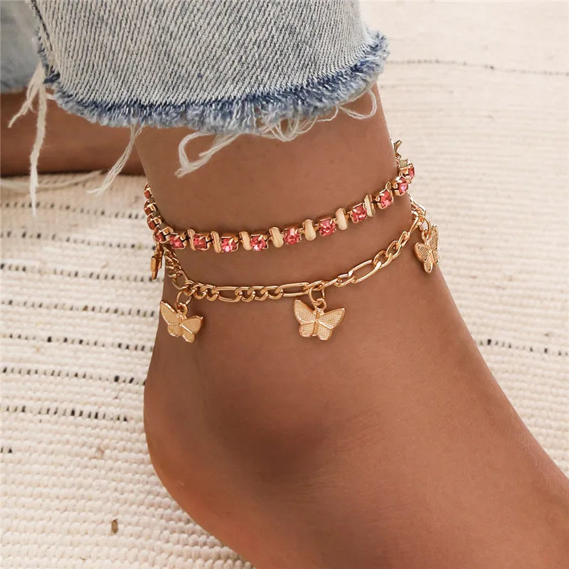 Dospita Fashion Silver Color Rhinestone Double Heart Anklet for Women Bling Hollow Out Foot Ankle Leg Bracelet Chain Jewelry