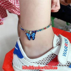 Dospita Bohemian Women Colorful Butterfly Pendant Anklets Fashion Rhinestone Tennis Foot Chain For Girls Summer Beach Accessories