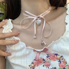 Dospita Metal Love Women's Pendant Sweet Romantic Korean Fashion Pink Adjustable Strap Banquet Clavicle Chain For Femme Fashion Jewelry Necklace