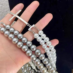 Dospita Trend Elegant Beads Pearl Cross Pendant Necklace for Women Men Bilayer White Gary Imitation Pearl Bracelet Jewelry Sets Wedding